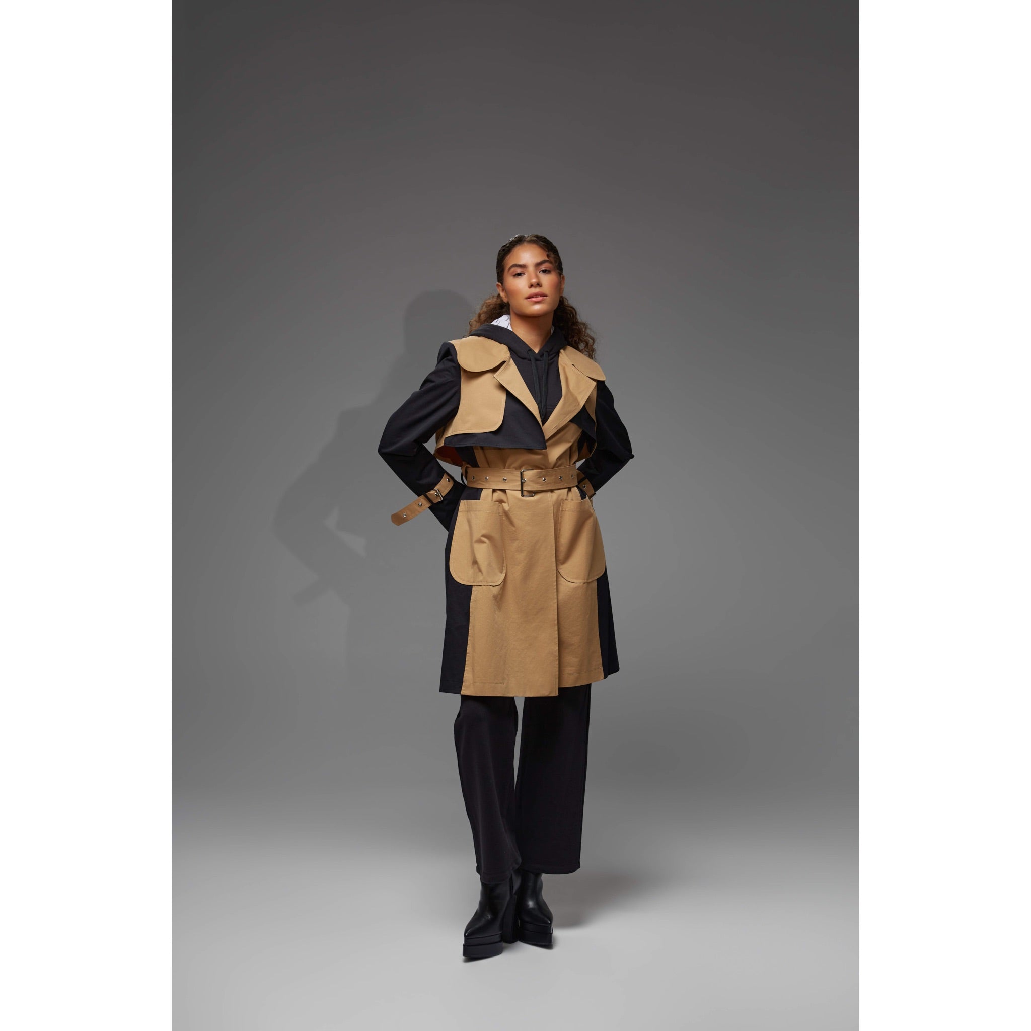 Dual Colored Trench Coat in Black & Beige
